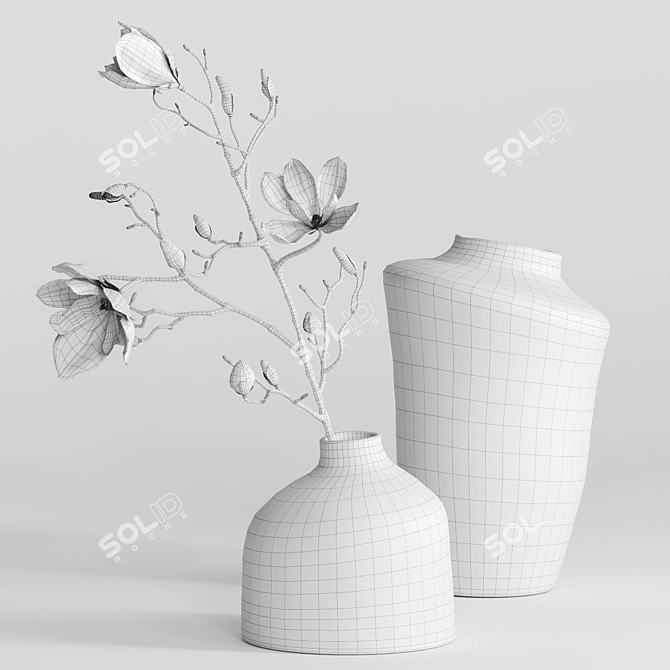 Nordic Terracotta Vases with Magnolia 3D model image 3