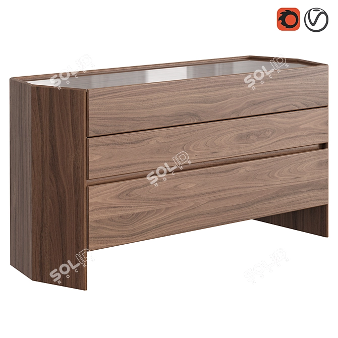 Hexagonal Walnut Veneer 3-Drawer Dresser 3D model image 1