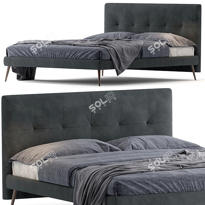 Plush Velvet Fabric Wood Bed 3D model image 1
