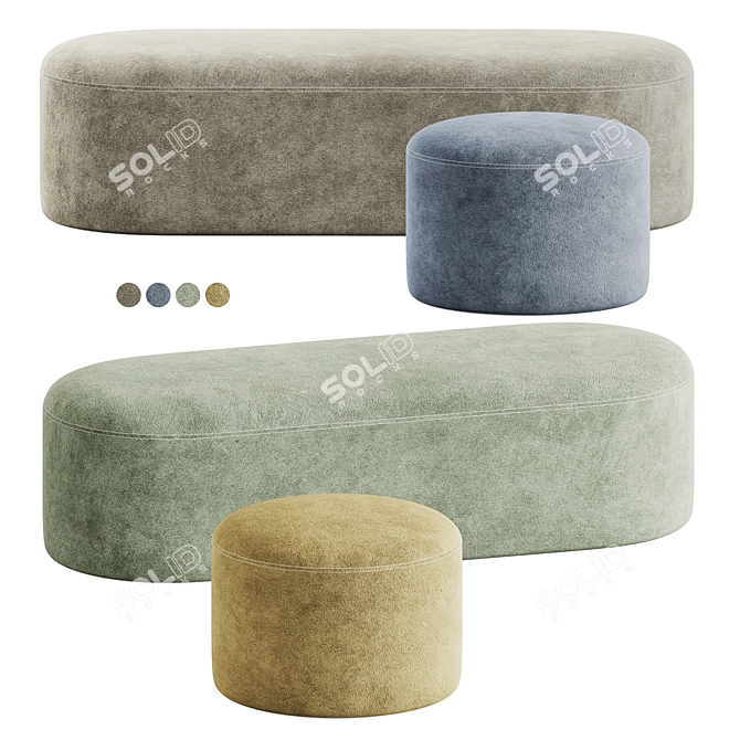 Luxury Velvet Bench & Pouf 3D model image 1