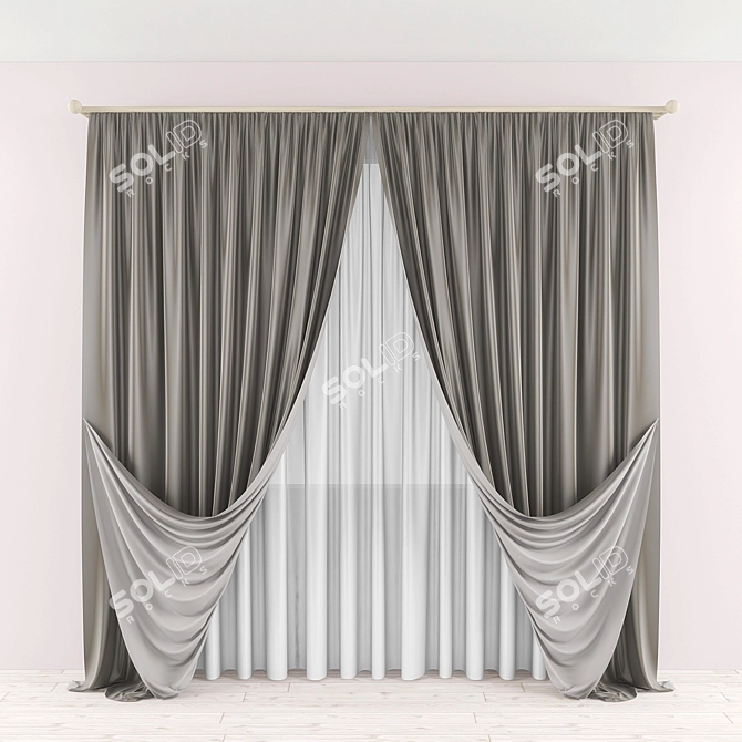 Floor-Length Curtain with Straight Tulle 3D model image 1