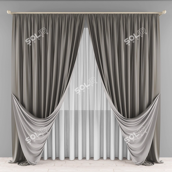 Floor-Length Curtain with Straight Tulle 3D model image 4