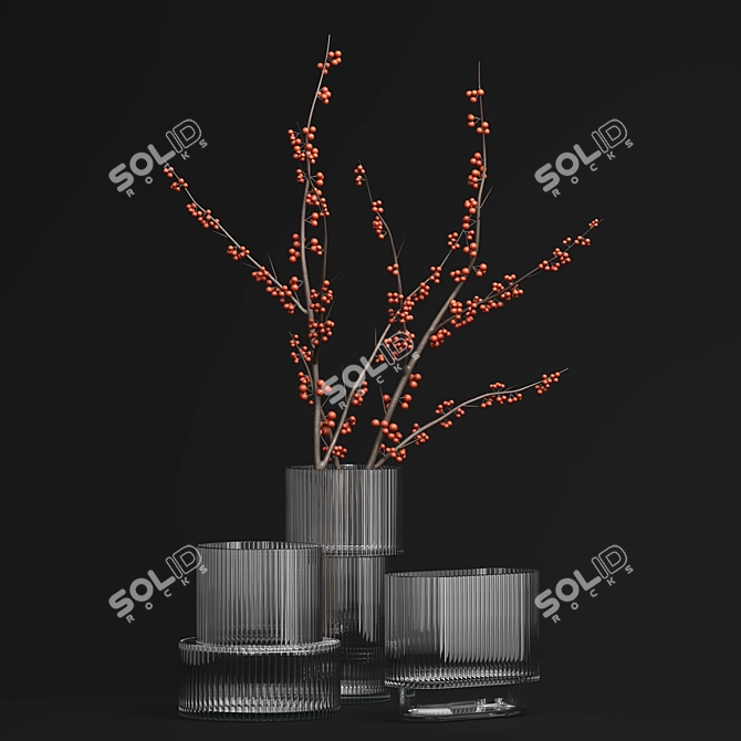 H&M Glass Vases & Red Berry Branch 3D model image 6