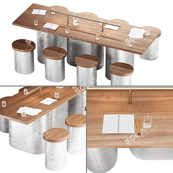 Modern Concrete Meeting Table Set 3D model image 1