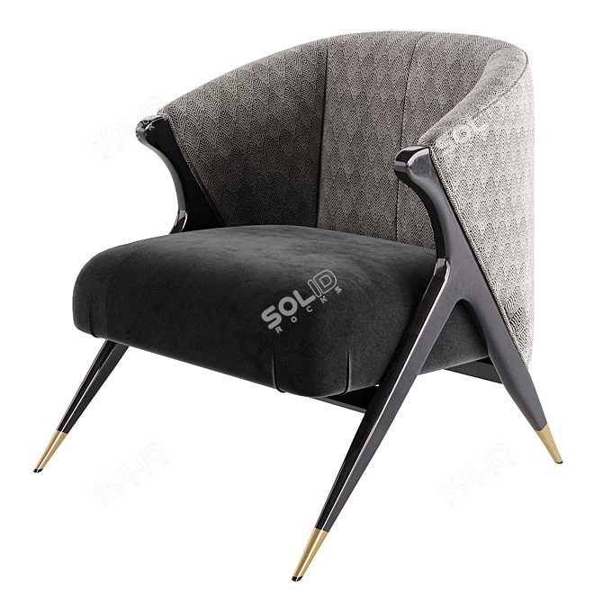 Velvet and Pine Art-Deco Armchair 3D model image 2