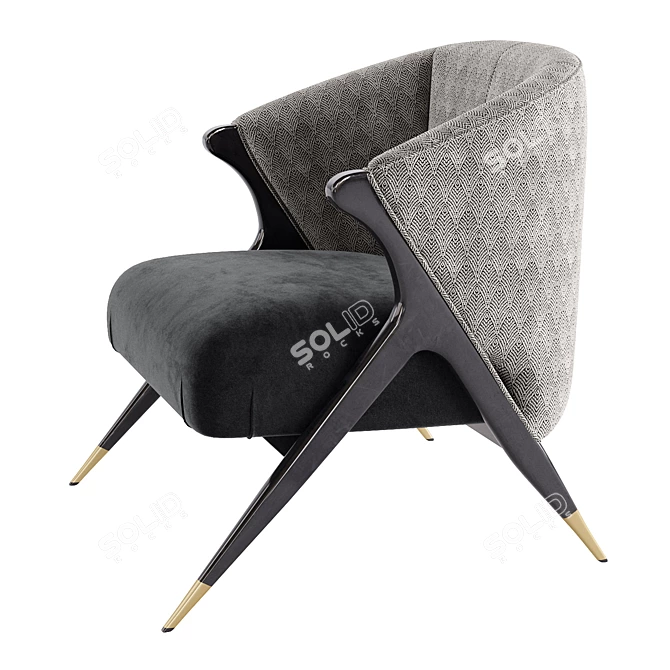 Velvet and Pine Art-Deco Armchair 3D model image 5