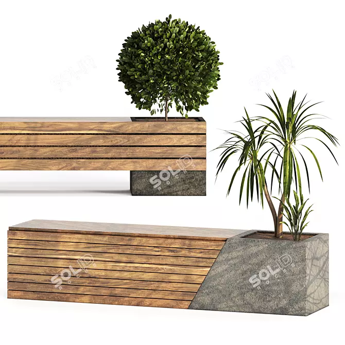 Two Bench Set with Plants 3D model image 1