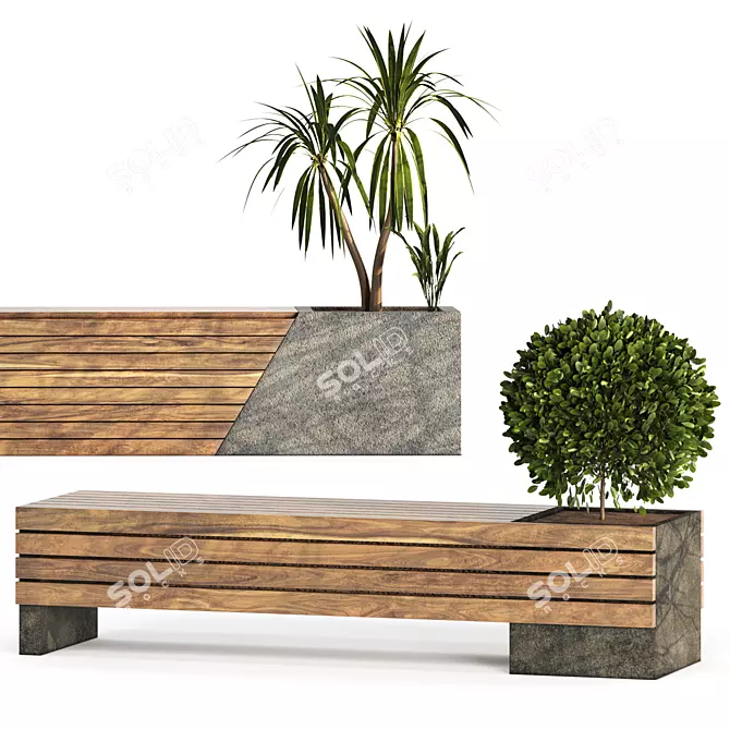 Two Bench Set with Plants 3D model image 2