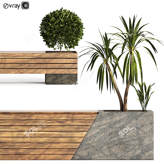 Two Bench Set with Plants 3D model image 11