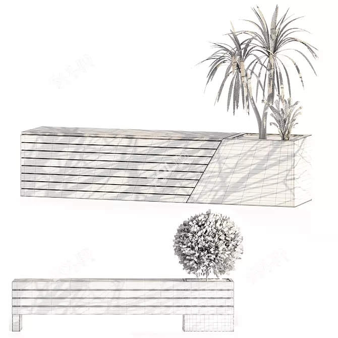 Two Bench Set with Plants 3D model image 14