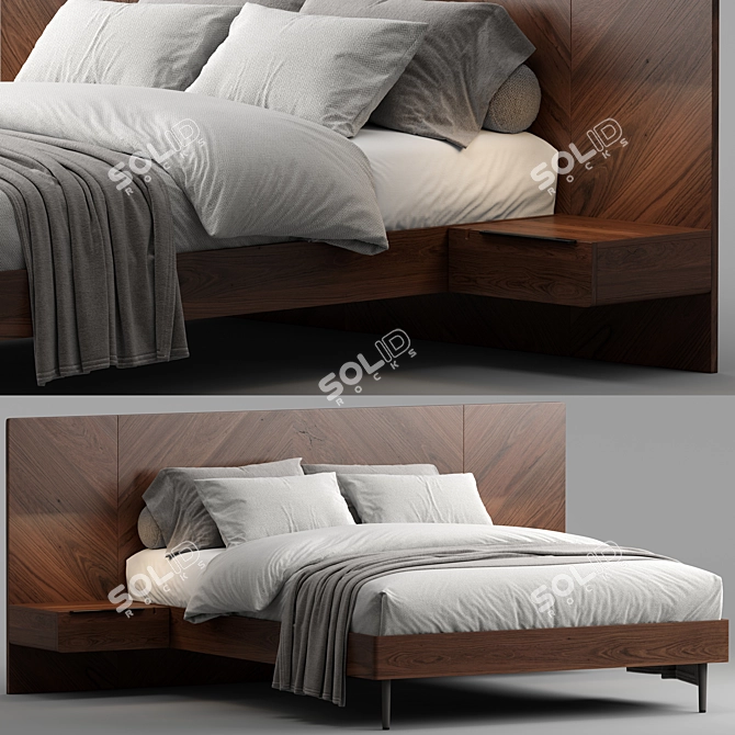 Modern Walnut Queen Bed Set 3D model image 1