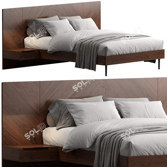 Modern Walnut Queen Bed Set 3D model image 8