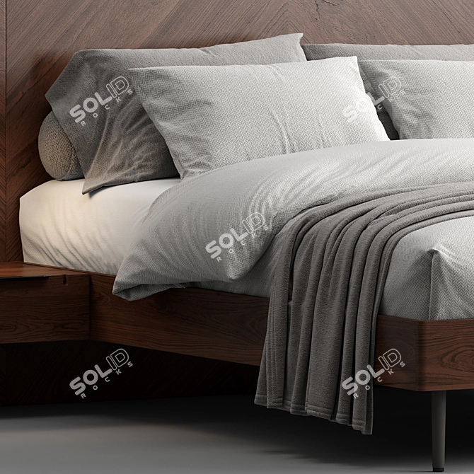 Modern Walnut Queen Bed Set 3D model image 12