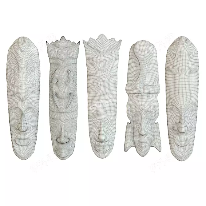 Handmade African Tribal Masks Set 3D model image 2