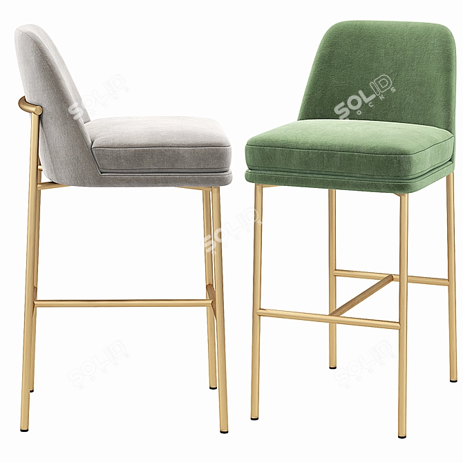 Velvet Upholstered Metal Barstool Set 3D model image 2