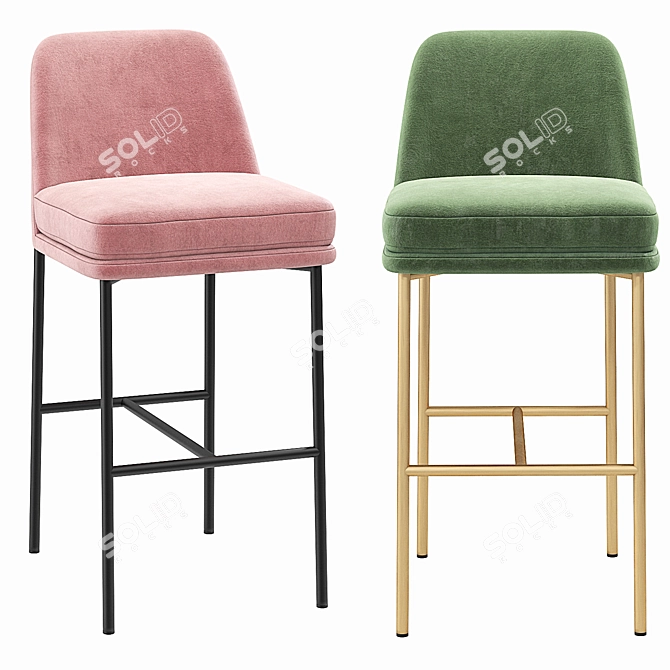 Velvet Upholstered Metal Barstool Set 3D model image 3