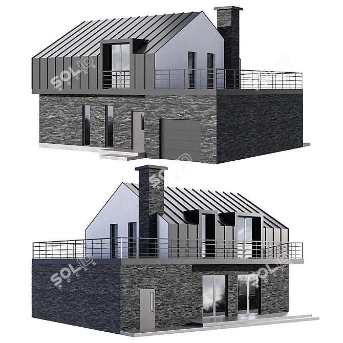 Modern Stone House with Garage, Mansard, & Terrace 3D model image 1