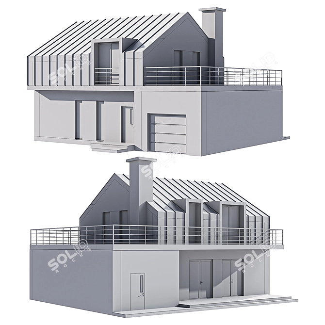 Modern Stone House with Garage, Mansard, & Terrace 3D model image 5