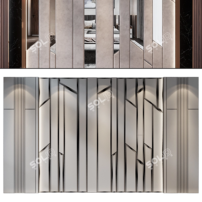 Elegant Wood-Fabric-Marble Wall Panels 3D model image 2