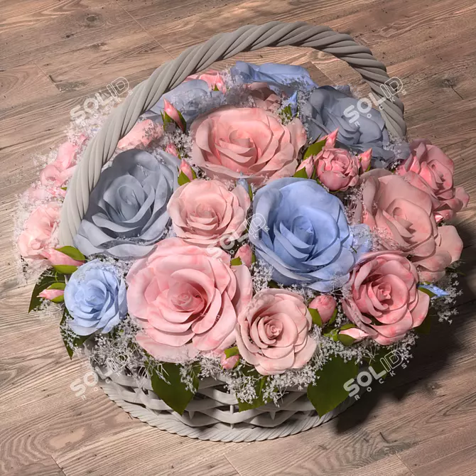 Pastel Rose Basket Floral Arrangement 3D model image 2