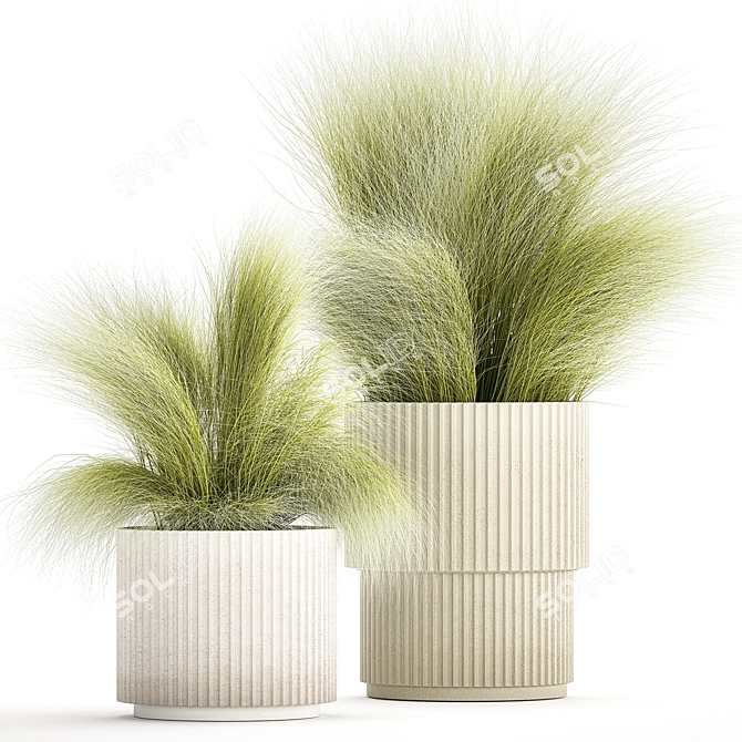 White Floral Grass Bush in Decorative Planter 3D model image 1