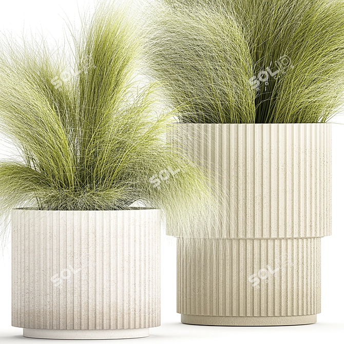 White Floral Grass Bush in Decorative Planter 3D model image 4