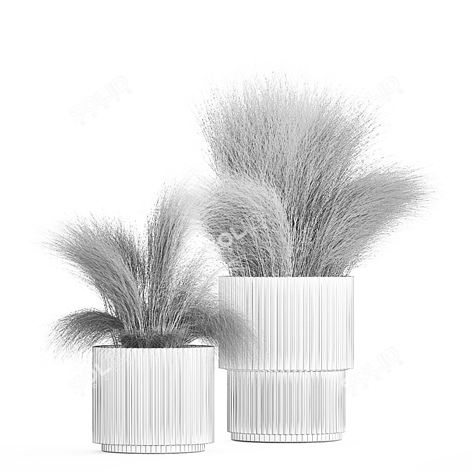 White Floral Grass Bush in Decorative Planter 3D model image 6