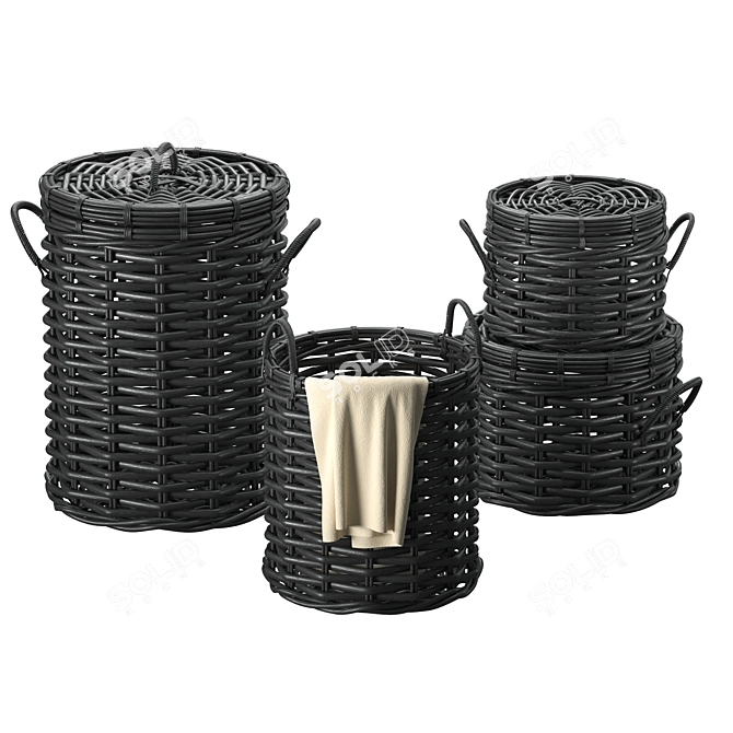 Black Rattan Woven Round Baskets 3D model image 2