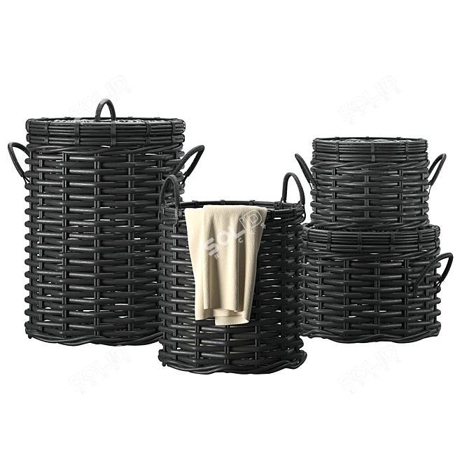 Black Rattan Woven Round Baskets 3D model image 3