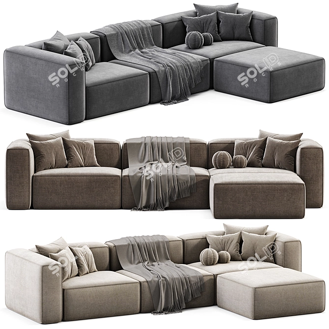 Modular Velvet Sofa with Ottoman 3D model image 2