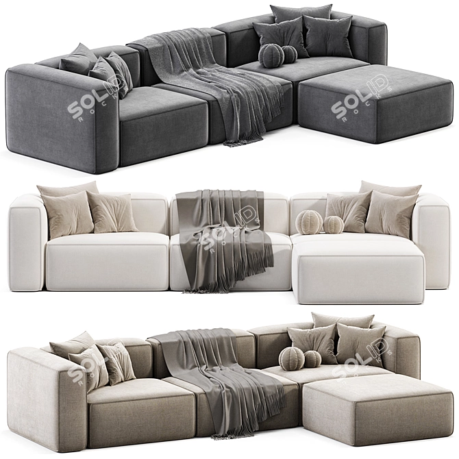 Modular Velvet Sofa with Ottoman 3D model image 3