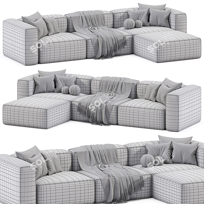 Modular Velvet Sofa with Ottoman 3D model image 5