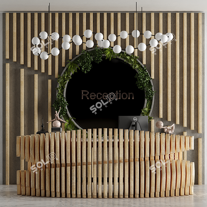 Modern Reception Desk Set with Plants & Sculptures 3D model image 1