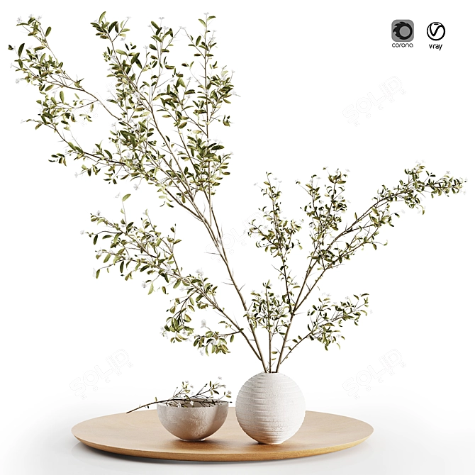 White Vase Set with Pulm Branch 3D model image 1