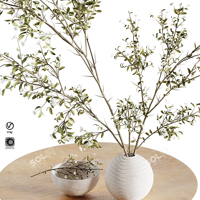 White Vase Set with Pulm Branch 3D model image 2