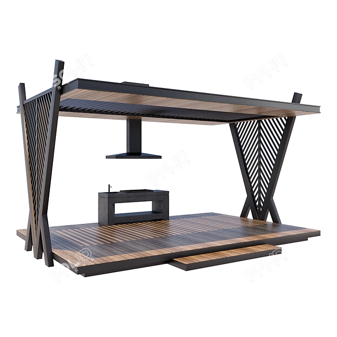 Modern Metal and Wood Gazebo 3D model image 3