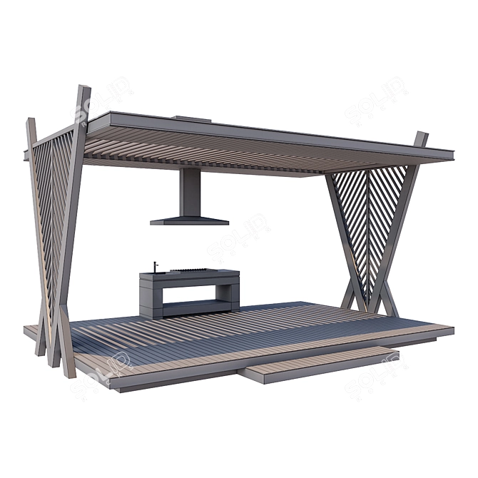 Modern Metal and Wood Gazebo 3D model image 4