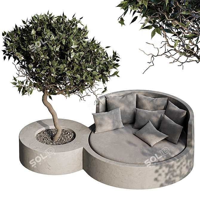 Stylish Outdoor Concrete Sofa with Tree 3D model image 1