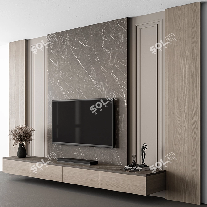 Rustic Stone Wood TV Wall 3D model image 1