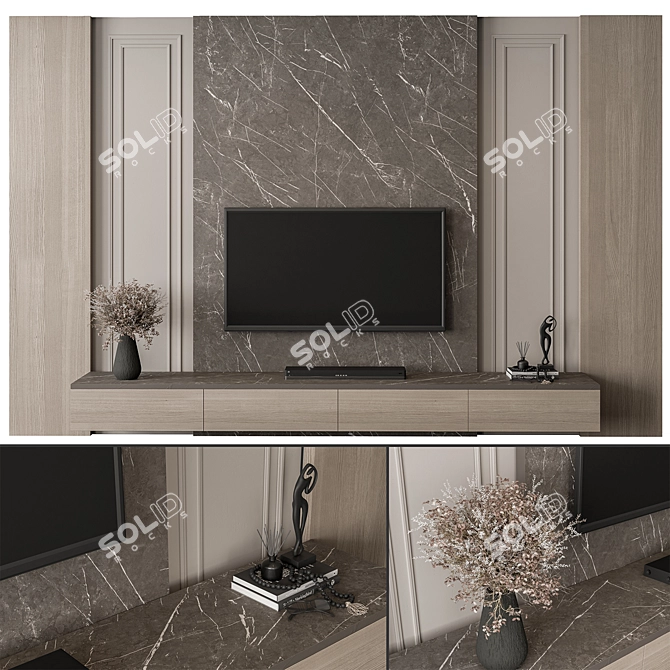 Rustic Stone Wood TV Wall 3D model image 2