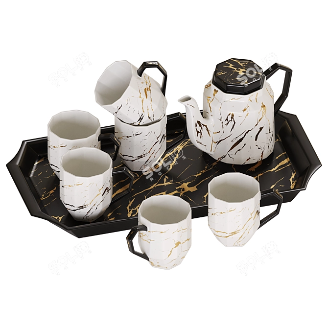 Marble Print Ceramic Tea Set 3D model image 3