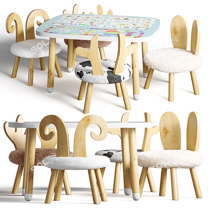 Wooden Kids Table Set, Nursery 3D model image 1