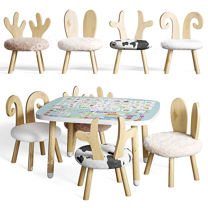 Wooden Kids Table Set, Nursery 3D model image 6