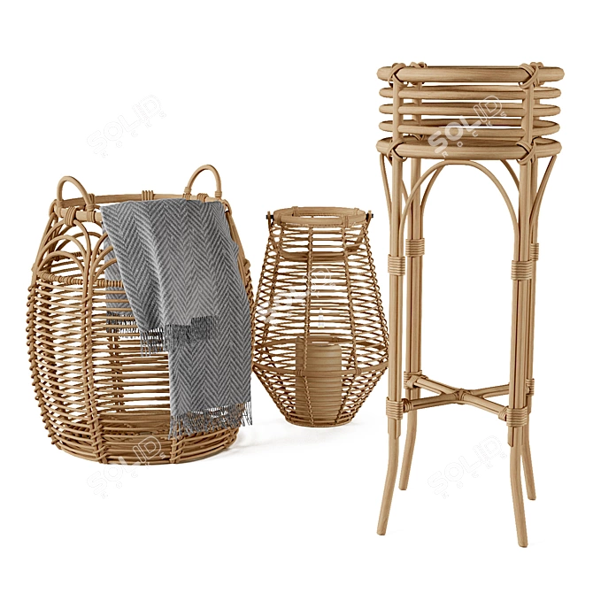 Rattan Basket Set with Stand 3D model image 3