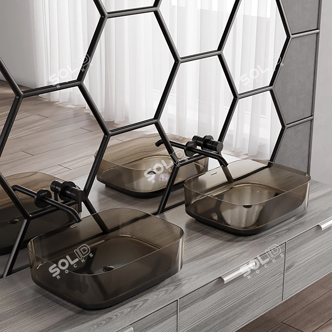 Hexagonal Mirror Bathroom Furniture Set 3D model image 3