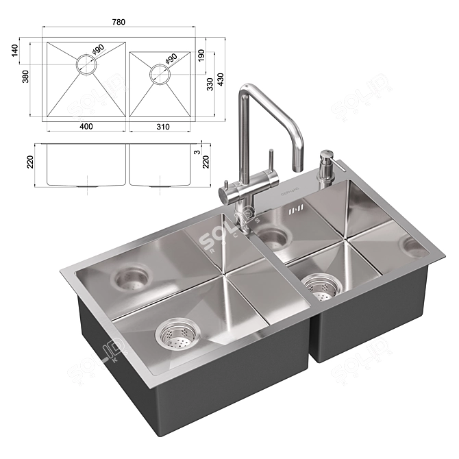 Gerhans Stainless Steel Kitchen Sink 3D model image 6