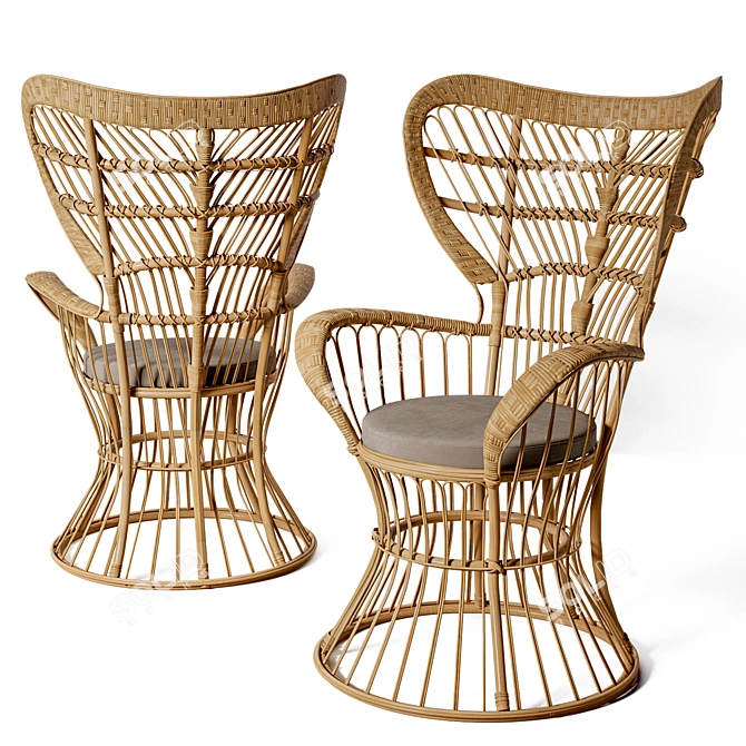 Vintage Rattan High-Back Armchair 3D model image 1