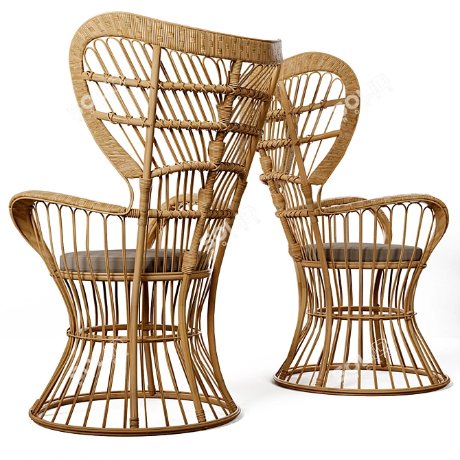 Vintage Rattan High-Back Armchair 3D model image 2