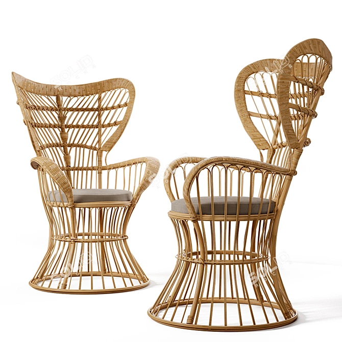 Vintage Rattan High-Back Armchair 3D model image 3