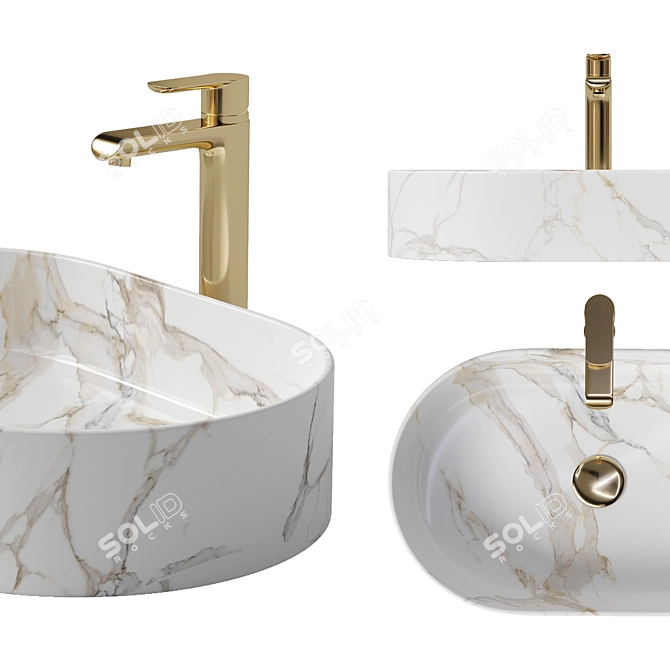 Elegant Marble Basin Set Gold Mixer 3D model image 2